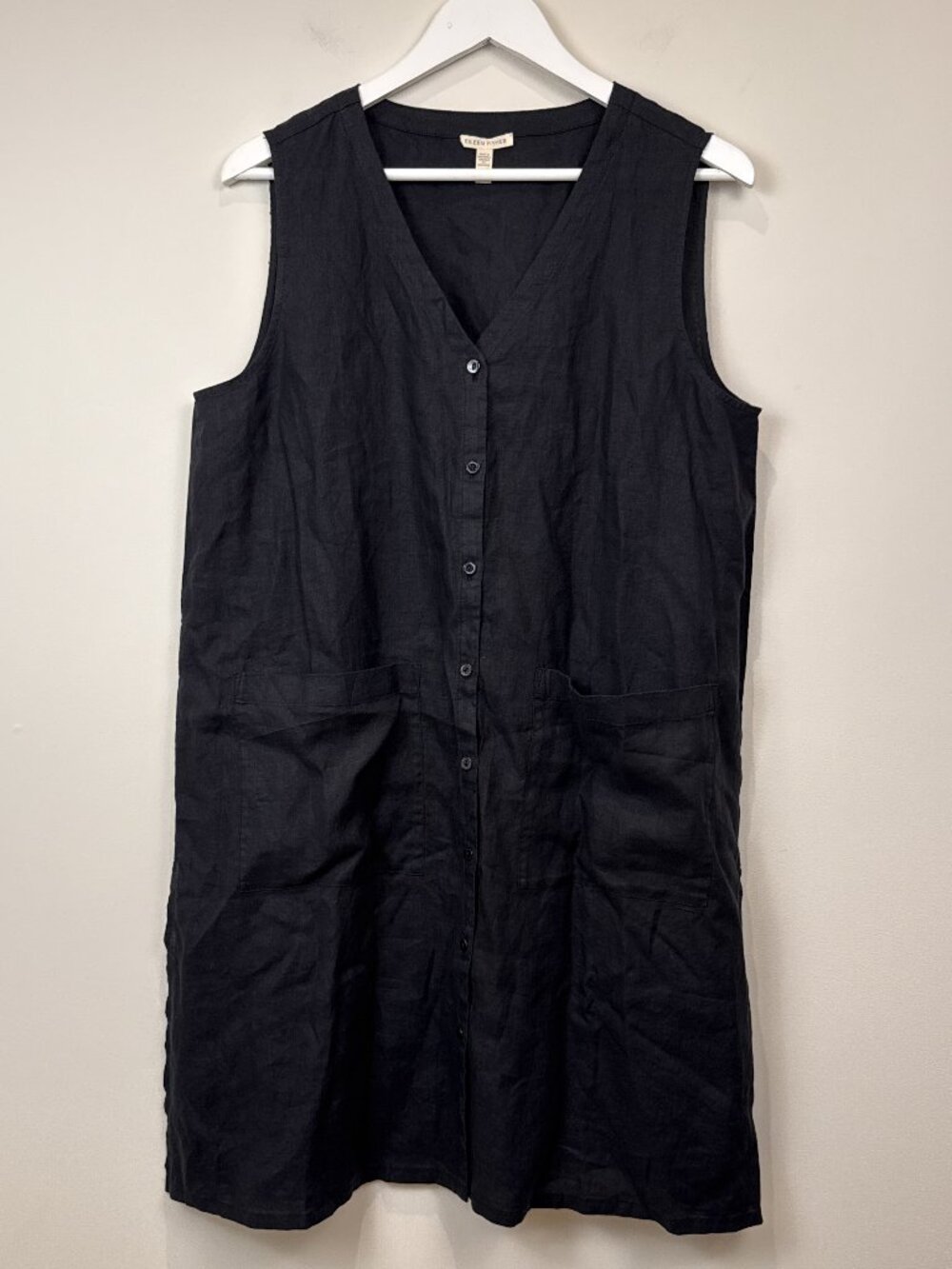 Eileen Fisher L Womens 100% Organic Linen Sleeveless Button Front Dress Midi